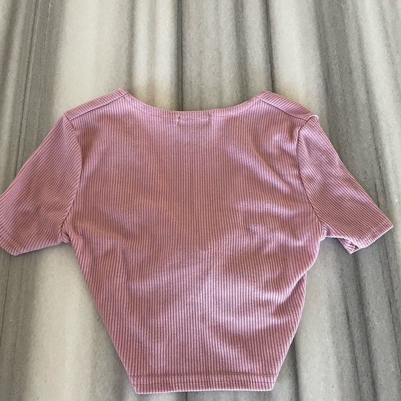Baby Pink Rib Knot Front Short Sleeve Crop Top US0 NEW - Picture 8 of 8